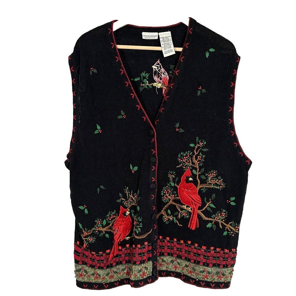 Beaded Embroidered Sweater Vest Size 22W 24W Cardinal Bird Winter White Stag